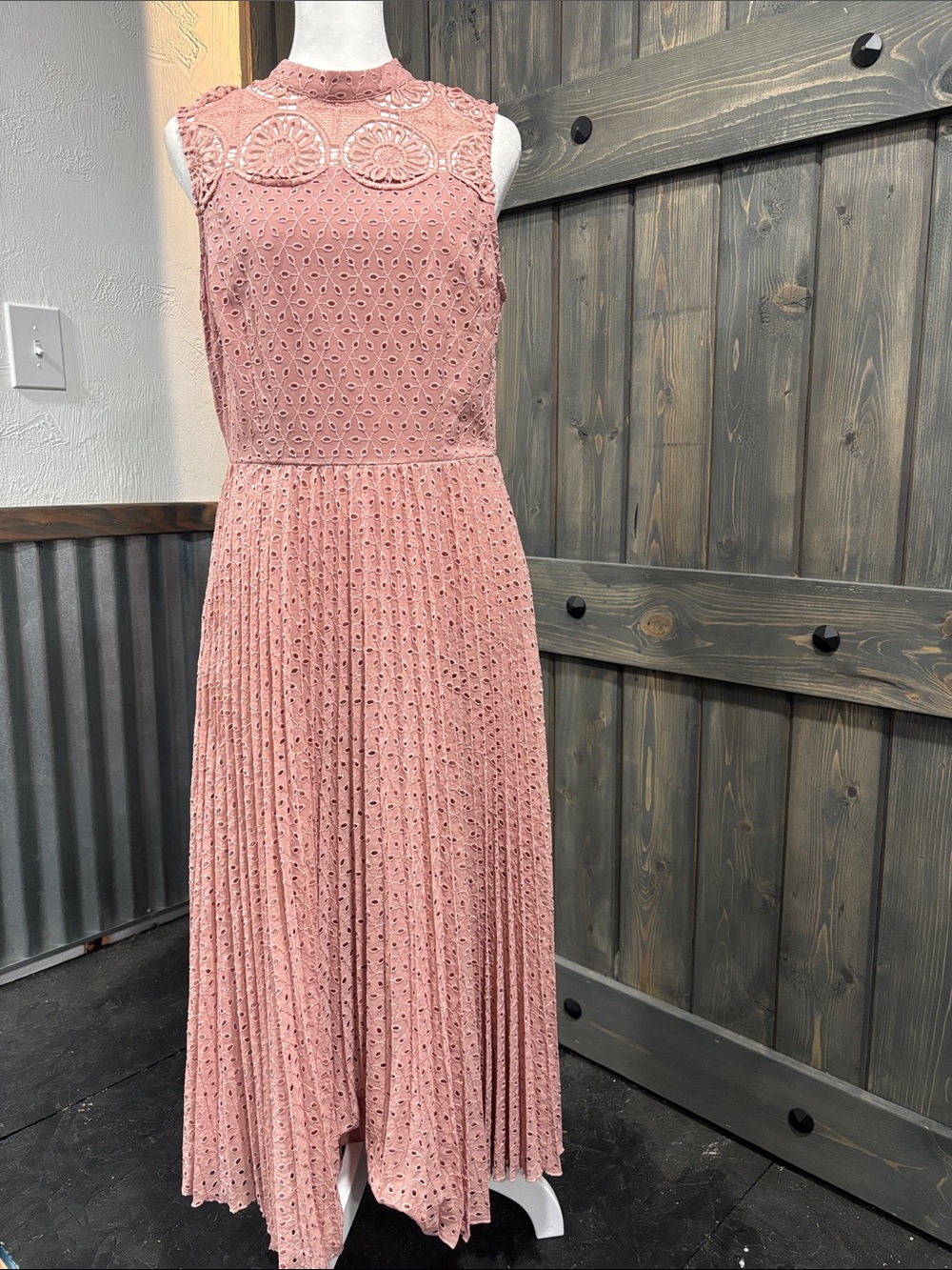 ASOS Sleeveless Rose Pink Eyelet Lace Pleated Maxi Dress